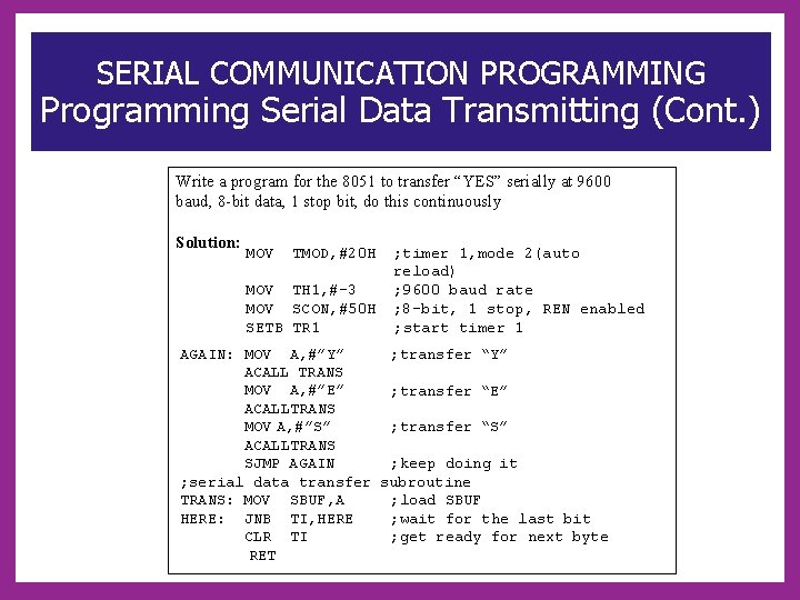 SERIAL COMMUNICATION PROGRAMMING Programming Serial Data Transmitting (Cont. ) Write a program for the