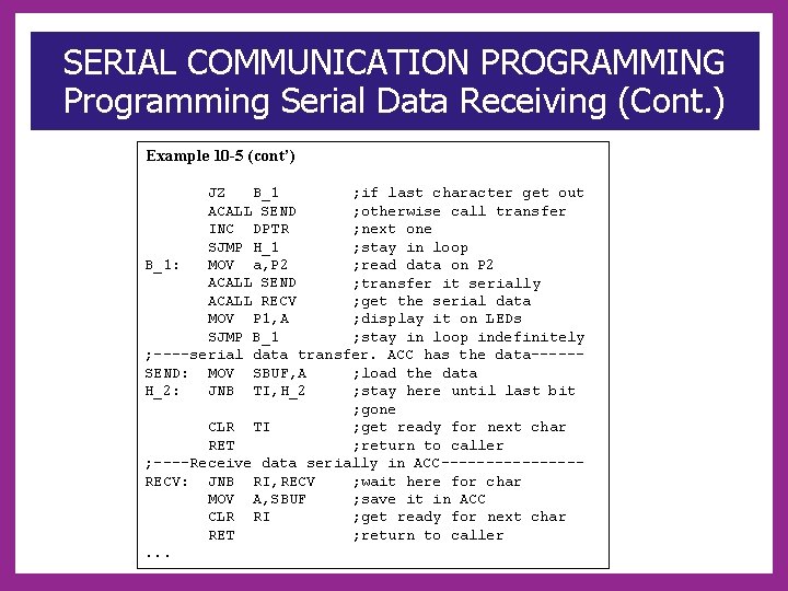 SERIAL COMMUNICATION PROGRAMMING Programming Serial Data Receiving (Cont. ) Example 10 -5 (cont’) JZ