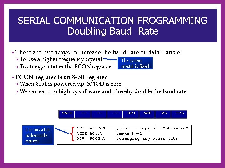 SERIAL COMMUNICATION PROGRAMMING Doubling Baud Rate • There • To are two ways to