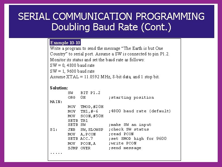 SERIAL COMMUNICATION PROGRAMMING Doubling Baud Rate (Cont. ) Example 10 -10 Write a program