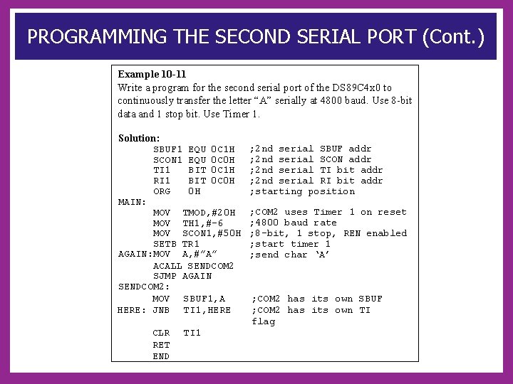 PROGRAMMING THE SECOND SERIAL PORT (Cont. ) Example 10 -11 Write a program for