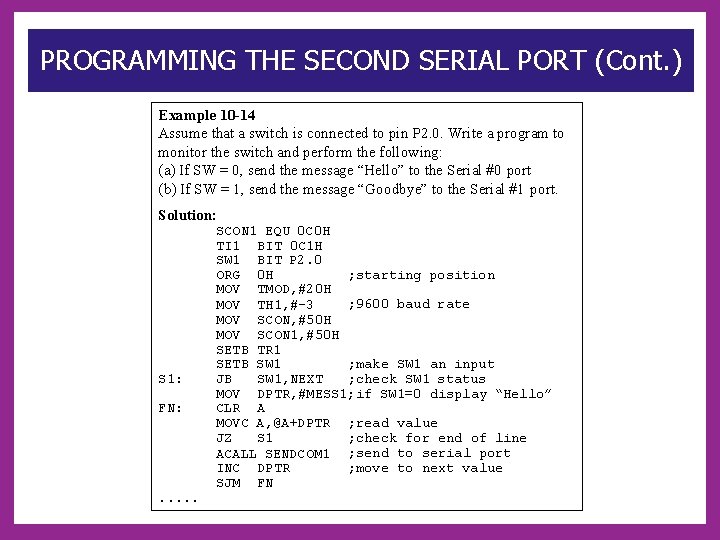 PROGRAMMING THE SECOND SERIAL PORT (Cont. ) Example 10 -14 Assume that a switch