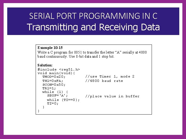 SERIAL PORT PROGRAMMING IN C Transmitting and Receiving Data Example 10 -15 Write a