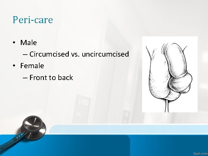 Peri-care • Male – Circumcised vs. uncircumcised • Female – Front to back 