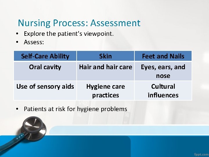Nursing Process: Assessment • Explore the patient’s viewpoint. • Assess: Self-Care Ability Oral cavity
