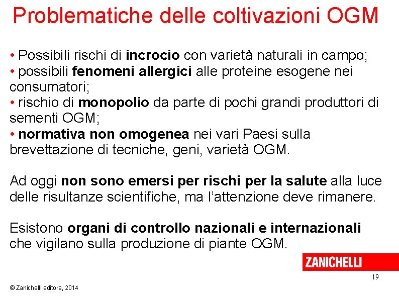 Problematiche delle coltivazioni OGM • Possibili rischi di incrocio con varietà naturali in campo;