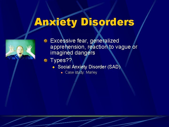 Anxiety Disorders Excessive fear, generalized apprehension, reaction to vague or imagined dangers Types? ?