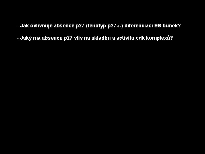 - Jak ovlivňuje absence p 27 (fenotyp p 27 -/-) diferenciaci ES buněk? -