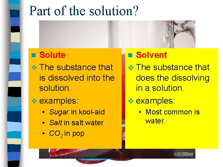 Part of the solution? Solute v The substance that is dissolved into the solution.