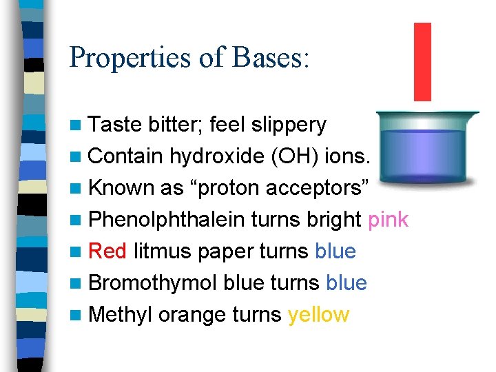 Properties of Bases: n Taste bitter; feel slippery n Contain hydroxide (OH) ions. n