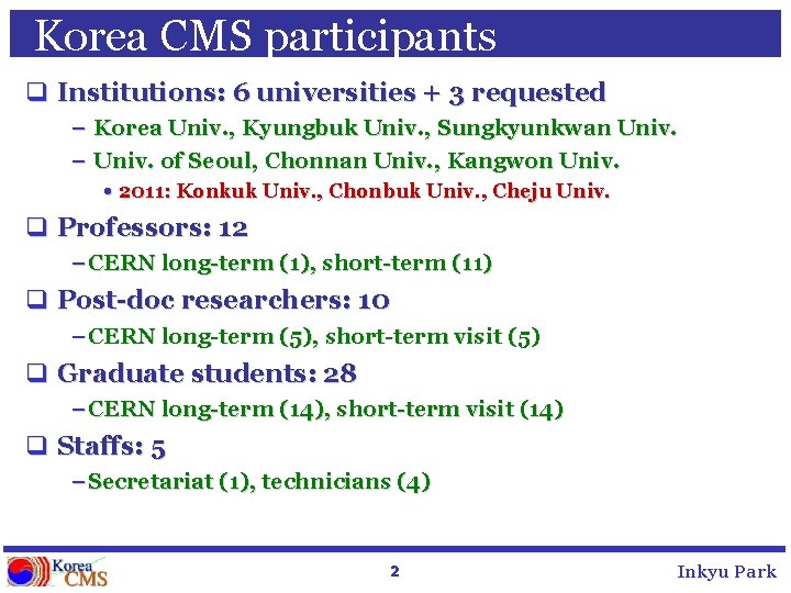 Korea CMS participants q Institutions: 6 universities + 3 requested – Korea Univ. ,
