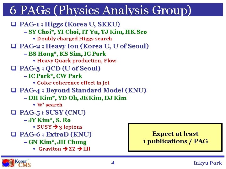 6 PAGs (Physics Analysis Group) q PAG-1 : Higgs (Korea U, SKKU) – SY