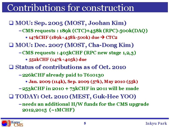 Contributions for construction q MOU: Sep. 2005 (MOST, Joohan Kim) – CMS requests :