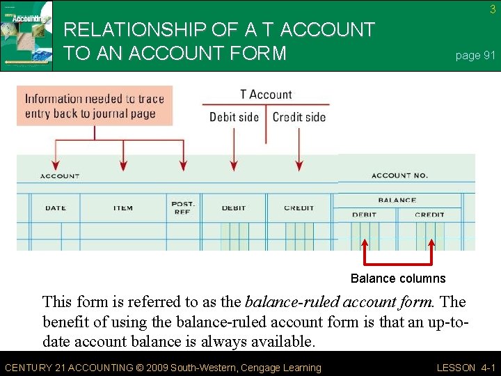 3 RELATIONSHIP OF A T ACCOUNT TO AN ACCOUNT FORM page 91 Balance columns