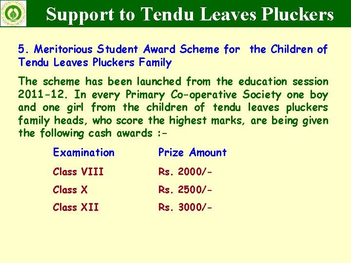 Support to Tendu Leaves Pluckers 5. Meritorious Student Award Scheme for the Children of