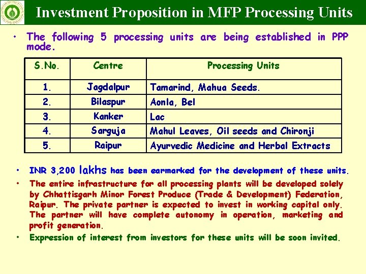 Investment Proposition in MFP Processing Units • The following 5 processing units are being