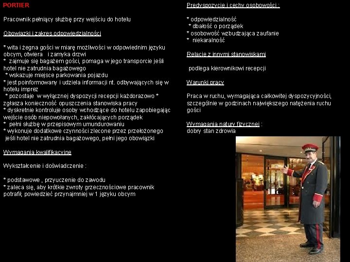 PORTIER Pracownik pełniący służbę przy wejściu do hotelu Obowiązki i zakres odpowiedzialności * wita PORTIER Pracownik pełniący służbę przy wejściu do hotelu Obowiązki i zakres odpowiedzialności * wita