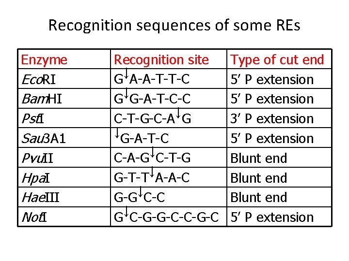 Recognition sequences of some REs Enzyme Eco. RI Bam. HI Pst. I Sau 3