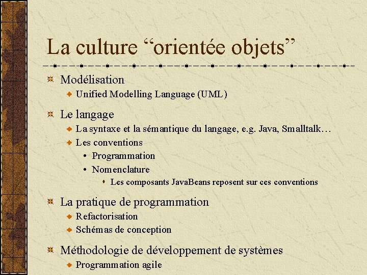 La culture “orientée objets” Modélisation Unified Modelling Language (UML) Le langage La syntaxe et