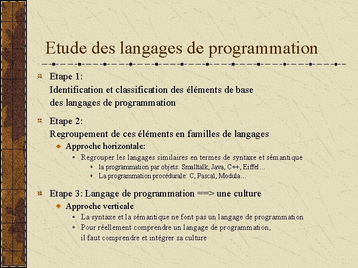 Etude des langages de programmation Etape 1: Identification et classification des éléments de base
