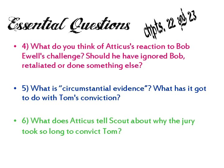  • 4) What do you think of Atticus's reaction to Bob Ewell's challenge?