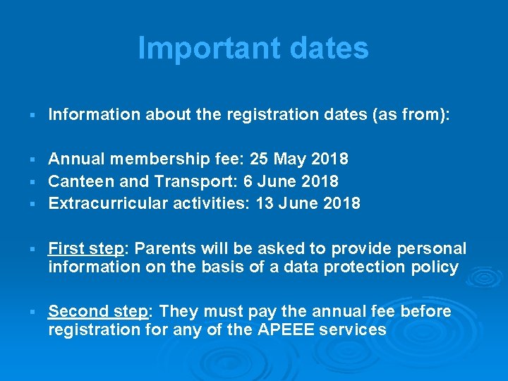 Important dates § Information about the registration dates (as from): Annual membership fee: 25