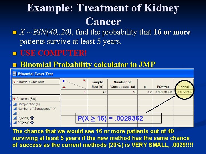 Example: Treatment of Kidney Cancer n n n X ~ BIN(40, . 20), find Example: Treatment of Kidney Cancer n n n X ~ BIN(40, . 20), find