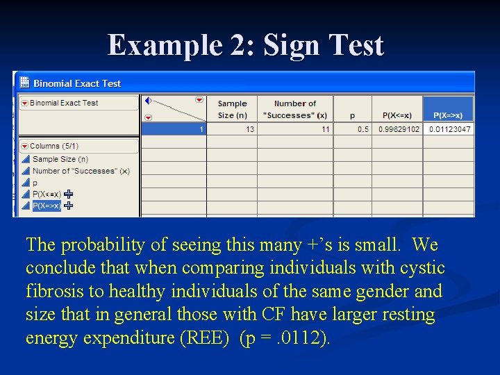 Example 2: Sign Test The probability of seeing this many +’s is small. We Example 2: Sign Test The probability of seeing this many +’s is small. We