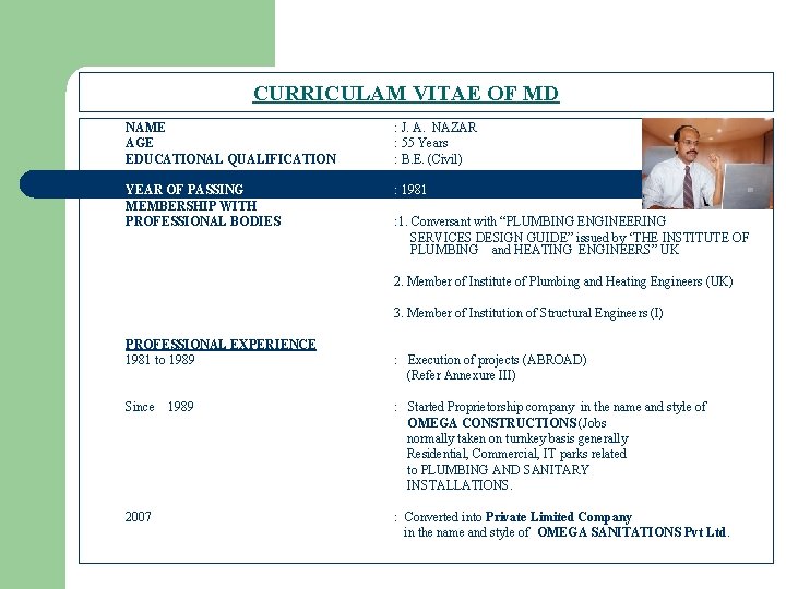 CURRICULAM VITAE OF MD NAME AGE EDUCATIONAL QUALIFICATION : J. A. NAZAR : 55