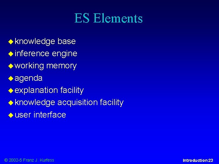 ES Elements knowledge base inference engine working memory agenda explanation facility knowledge acquisition facility