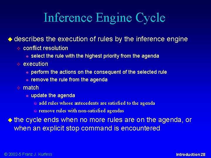 Inference Engine Cycle describes conflict resolution select the rule with the highest priority from