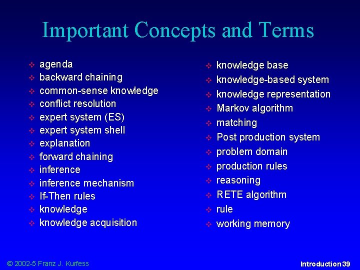 Important Concepts and Terms agenda backward chaining common-sense knowledge conflict resolution expert system (ES)