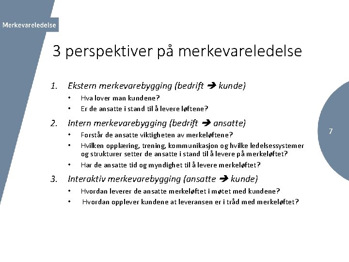 3 perspektiver på merkevareledelse 1. Ekstern merkevarebygging (bedrift kunde) • • Hva lover man