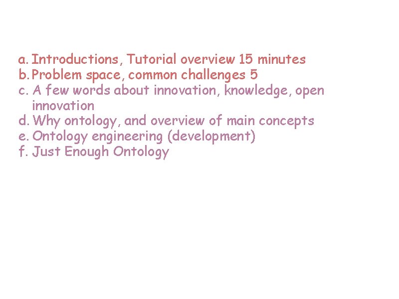 OVERALL OUTLINE a. Introductions, Tutorial overview 15 minutes b. Problem space, common challenges 5
