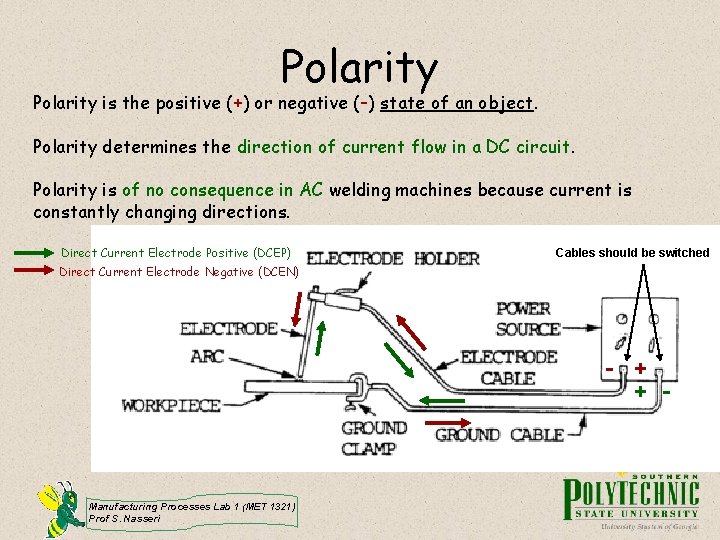 Polarity is the positive (+) or negative (-) state of an object. Polarity determines