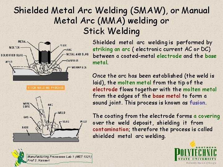 Shielded Metal Arc Welding (SMAW), or Manual Metal Arc (MMA) welding or Stick Welding