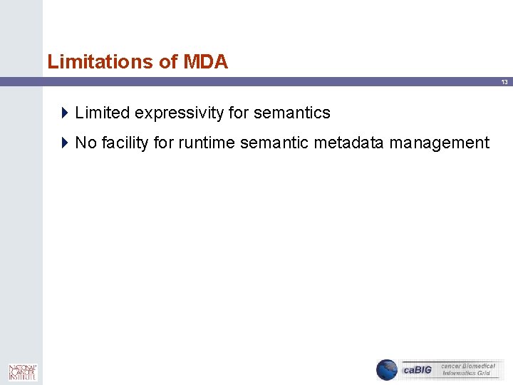 Limitations of MDA 13 4 Limited expressivity for semantics 4 No facility for runtime