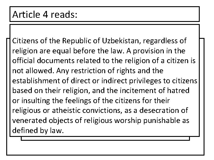 Article 4 reads: Citizens of the Republic of Uzbekistan, regardless of religion are equal