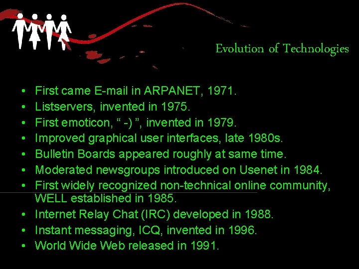 Evolution of Technologies • • First came E-mail in ARPANET, 1971. Listservers, invented in