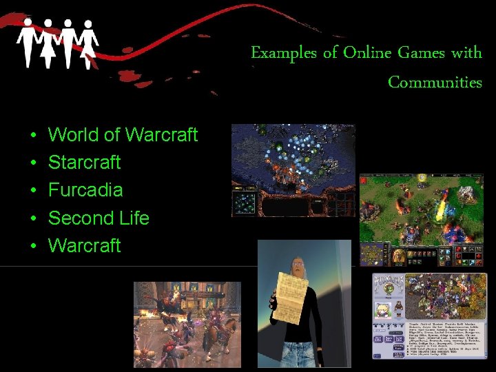 Examples of Online Games with Communities • • • World of Warcraft Starcraft Furcadia