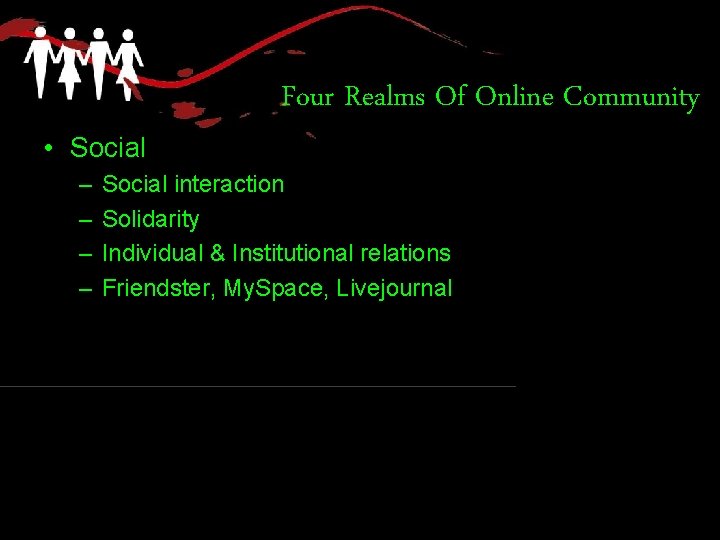  • Social – – Four Realms Of Online Community Social interaction Solidarity Individual
