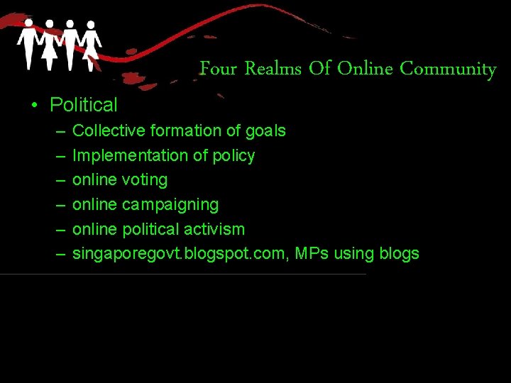  • Political – – – Four Realms Of Online Community Collective formation of