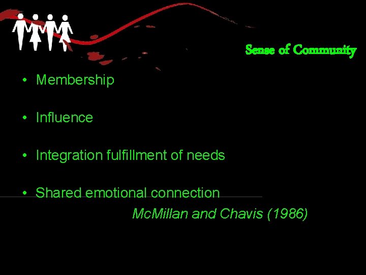 Sense of Community • Membership • Influence • Integration fulfillment of needs • Shared