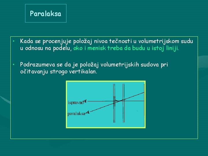 Paralaksa • Kada se procenjuje položaj nivoa tečnosti u volumetrijskom sudu u odnosu na