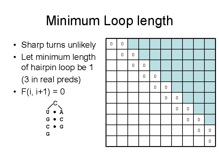 Minimum Loop length • Sharp turns unlikely • Let minimum length of hairpin loop