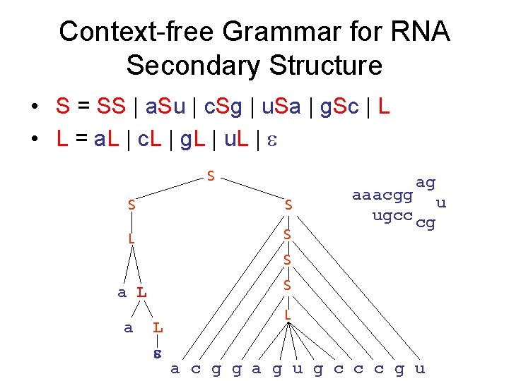 Context-free Grammar for RNA Secondary Structure • S = SS | a. Su |