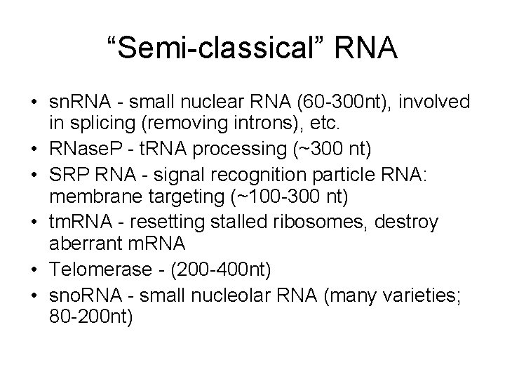 “Semi-classical” RNA • sn. RNA - small nuclear RNA (60 -300 nt), involved in