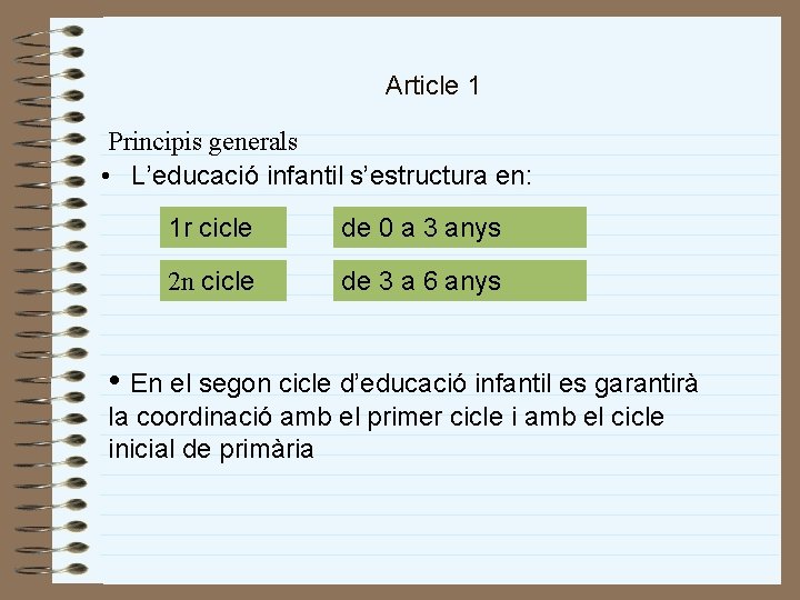 Article 1 Principis generals • L’educació infantil s’estructura en: 1 r cicle de 0