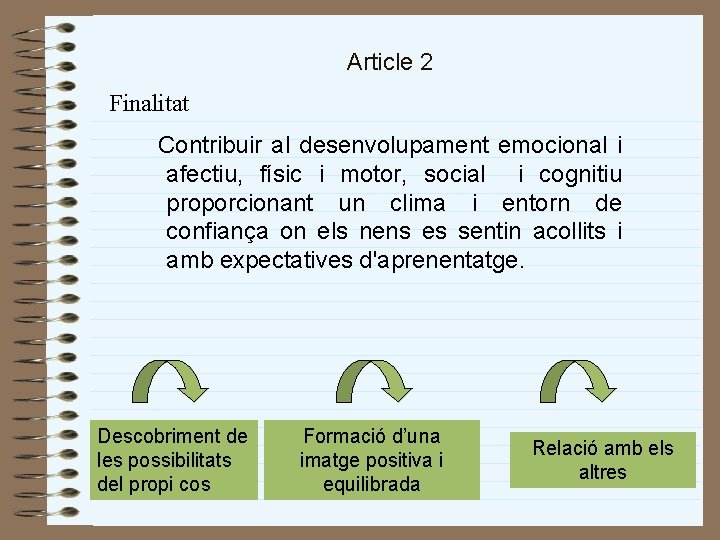 Article 2 Finalitat Contribuir al desenvolupament emocional i afectiu, físic i motor, social i