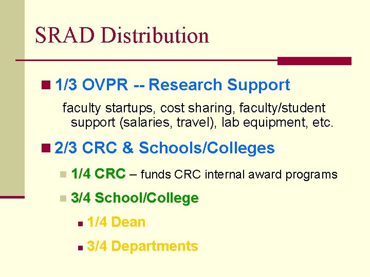 SRAD Distribution n 1/3 OVPR -- Research Support faculty startups, cost sharing, faculty/student support